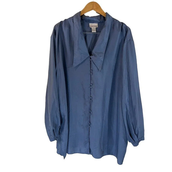 Adrian Jordan 100% Silk Button Up Blouse Plus Size 30/32 Dusty Muted Blue Thin - Picture 1 of 4